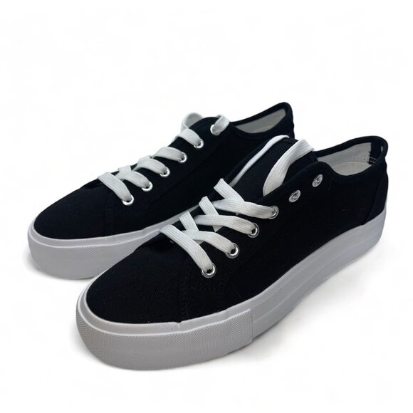 Women's casual sneakers in black canvas with white laces and soles, Size 10, New - Picture 2 of 8